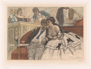 Muž a žena sedí na červené pohovce v baru divadla Le gandin ivre od Albert Bertrand (attributed to)