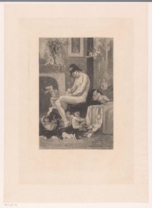 Nahá žena na okraji postele obklopená démony ve hře La Mere aux Satyrions od Albert Bertrand (attributed to)