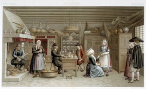 Bretaňské kostýmy a interiér z 19. století – v „Le Kostým ancien et historique““ od Racineta od Albert Charles August Racinet