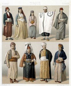 Turecké kostýmy z 19. století. Ilustrace v „Le Kostým historique““ od Racinet