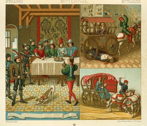 Hradní život a dopravní prostředky ve 14., ilustrace z Úplné historie kostýmů od Racinet Auguste od Albert Charles August Racinet