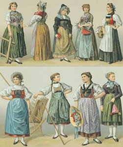 Kostýmy kantonů, ilustrace z The Complete Costume History od Racinet Auguste od Albert Charles August Racinet