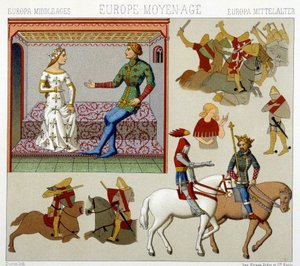 Středověké kostýmy ve Francii. Chromolitografická deska - v „“Le Kostým historique““ od Racinet od Albert Charles August Racinet