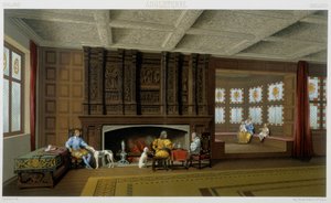 Anglický lord a jeho rodina ve svém domě ze 17. století. Chromolitografická deska - v „“Le Kostým historique““ od Racinet od Albert Charles August Racinet