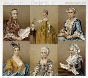 Francouzská ženská móda v 18. století. Ilustrace v „“Le Kostým historique““ od Racinet od Albert Charles August Racinet