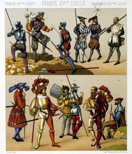 Francouzské vojenské kostýmy v 16. století. Chromolitografická deska - v „“Le Kostým historique““ od Racinet od Albert Charles August Racinet