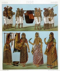 Pohřeb (nahoře na obrázku) a prádelna (dole na obrázku) v Indii. Ilustrace v „“Le Kostým historique““ od Racinet od Albert Charles August Racinet