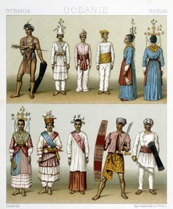 Obyvatelé Celebeských ostrovů v Indonésii. Ilustrace v „“Le Kostým historique““ od Racinet od Albert Charles August Racinet