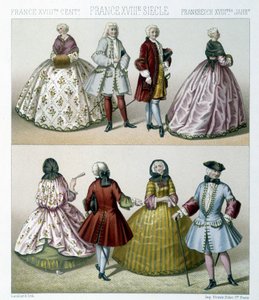 Muži a ženy nosí módní kostýmy z 18. století ve Francii. Ilustrace v „“Le Kostým historique““ od Racinet od Albert Charles August Racinet