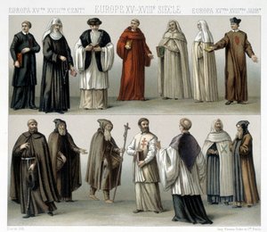 Klášterní kroje v Evropě od 15. do 18. století. Ilustrace v „“Le Kostým historique““ od Racinet