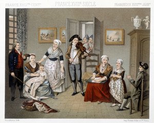 Hudebníci hrající jejich vpád pro rodinu uvnitř domu. Ilustrace v „“Le Kostým historique““ od Racinet od Albert Charles August Racinet