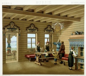 Ruská rodina v typické rezidenci v Rusku v 19. století. Chromolitografická deska - v „“Le Kostým historique““ od Racinet od Albert Charles August Racinet