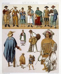 Tradiční mexické kostýmy. Ilustrace v „Historickém kostýmu“ od Racinet od Albert Charles August Racinet