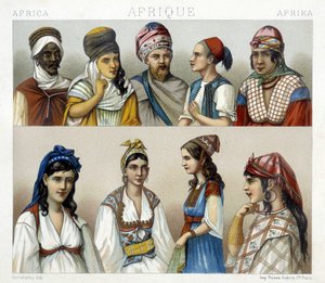 Tradiční kroje a pokrývky hlavy mužů a žen v Alžírsku. Ilustrace v „“Le Kostým historique““ od Racinet