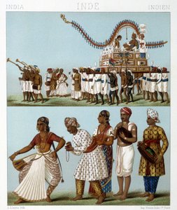 Doprava, hudba, tanec a tradiční kroje Indie. Ilustrace v „“Le Kostým historique““ od Racinet od Albert Charles August Racinet