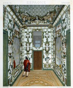 Pohled na muže uvnitř královského paláce v Madridu. Chromolitografická deska - v „“Le Kostým historique““ od Racinet od Albert Charles August Racinet