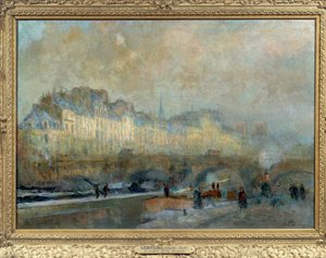 Paříž, zámek La Monnaie, zimní slunce nebo Pohled na Pont-Neuf a Île de la Cite Obraz Alberta Lebourga (1849-1928). 19. století. Slunce. 0,815 x 1,155 Musee d