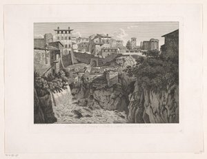 Pohled na Tivoli, s chrámem Vesta v dálce Situazione del Tempio di Vesta a Tivoli dirimpetto la Cascata (název na objektu) Malay Radirte Prospekte aus Italien (název série)