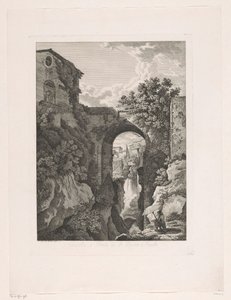 Vodopád poblíž mostu San Rocco v Tivoli Cascata, e Ponte di St. Rocco a Tivoli (název na objektu) Malebné leptané brožury z Itálie (název série)