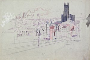 Průmyslové město (Leeds) (tužka, tuš a akvarel na papíře)