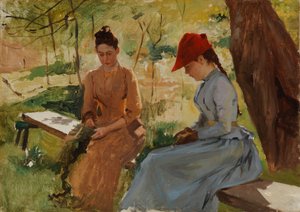 Dívky vázající věnce (Umělcovy sestry Annie a Berta vázající věnce), studie od Albert Edelfelt