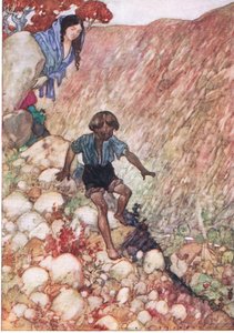 Šel dolů jako ten statečný mužíček z hospody The Water Babies. Humphrey Milford Oxford University Press, kolem roku 1930 (barevné lito) od Albert Edward Jackson