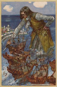 Gulliver zajal flotilu Blefuscudiánů (chromolitho)