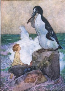 Chudák olf Garfowl začal plakat slzy čistého oleje z hospody The Water Babies. Humphrey Milford Oxford University Press, kolem roku 1930 (barevné lito)