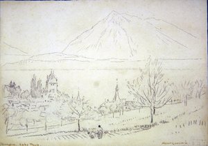 Jezero Thun, Oberhofen (inkoust a tužka na papíře) od Albert Goodwin