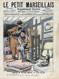 Malíř v podkroví maluje zátiší, láhev vína a dort použitý jako model nestojí. Ilustrace Albert Guillaume (1873-1942) z „“Le petit Marseillais““ 4.5.1902 od Albert Guillaume