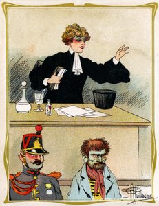 Žena právník s krásnou tváří, prosí a brání svého klienta, vypadá trpělivě. Reklama, rytina 1902-1903 od Albert Guillaume