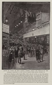 Noční scéna na King Street v Sydney, zatímco byly zveřejňovány výsledky všeobecných voleb v Novém Jižním Walesu od Albert Henry Fullwood
