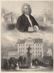 Portrét Johanna Sebastiana Bacha, Bachův pomník a kostel a škola sv. Tomáše v Lipsku, ca. 1860