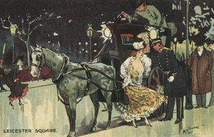 Žena opouštějící kočár, Leicester Square (barva litho)