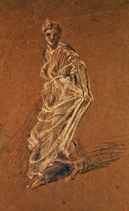 Studie dívky, která vykročila vpřed a měla na sobě dlouhé šaty, kolem roku 1870 (černobílá křída na hnědém papíře) od Albert Joseph Moore