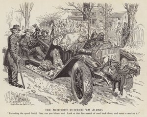 Kreslený film zesměšňující muže, který řídí své auto překračující povolenou rychlost (litho) od Albert Levering