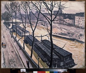 ""Paris en hiver, quai Bourbon"" (Paříž v zimě. Quai Bourbon) Lodě na březích Seiny. Obraz Pierra Alberta Marqueta (1875-1947) 1907 Olej na plátně. fauvismus. Moskva. Puškinovo muzeum výtvarných umění od Albert Marquet