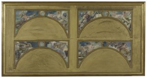 Skica pro Salon des Lettres na pařížské radnici: velká literární díla (La Chanson de Roland, Le Misanthrope, Eviradnus, Mimi Pinson, Le Cid, Phèdre, Pantagruel, La Cigale), kolem roku 1890 (olej na plátně, černá tuš). od Albert Pierre Rene Maignan