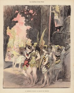 V zákulisí během produkce Ballet des Insectes v Theatre du Chatelet v Paříži (barevné lito) od Albert Robida