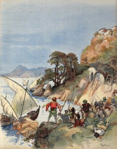 Barbarští piráti terorizující pobřeží Středozemního moře, unášející obyvatele, aby je prodali jako otroci, ilustrace z 