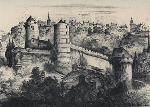 Chateau de Fougeres - hradní pevnost v departementu Ille-et-Vilaine. Stará Francie - Bretaň - text, kresby a litografie, Albert Robida (1848-1926) nedatováno konec 19. stol. od Albert Robida
