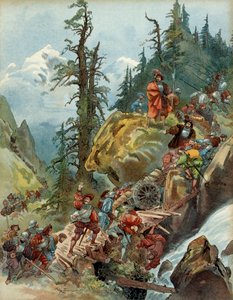 Pátá italská válka (1515-1516): průjezd Alpami v srpnu 1515, průsmykem Larche, armády Františka I. (1494-1547) na cestě do Itálie. Ilustrace od Albert Robida