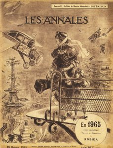 První vydání prorockého románu „En 1965“ od Alberta Robidy (1848-1926) v roce 1919 v časopise „Annales Politiques et Litteraires“ – Paříž trpí dopravní zácpou... na obloze! Samolétající (samolétající) a taxi letadla (letadlo od Albert Robida