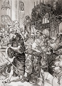 Bratr Jean des Entommeures se zmocňuje bašty kříže nebo mnich John des Entommeures se zmocňuje křížové hole. od Albert Robida