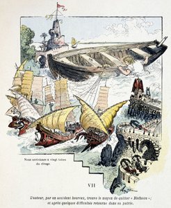 Gulliver a jeho gigantická loď v přístavu liliputů - v „“ Voyages de Gulliver”” od Jonathana Swifta (1721), nemocného. od Robidy od Albert Robida