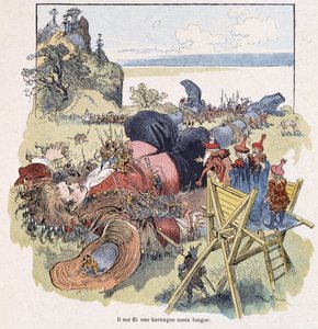 Gulliver svázaný liliputány – v „“Gulliver Voyages““ od Swift, nemocný. od Robida od Albert Robida