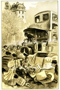 Ilustrace Albert Robida (1848-1926) ke knize Leona Berthaulta „Le record du tour du monde“, edice Mame debut 20. století (1911) - dopravní nehoda v Paříži kolem roku 1900: auto sražené omnibusem. Řidič je zraněn - od Albert Robida