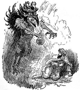 Ilustrace Albert Robida (1848-1926) arabské legendy (1001 nocí) (Příběhy tisíce a jedné noci): hrozný démon (zlý džin) obdaruje muže lahví vína. rytina knihy „Choix de lektors““ Armand Colin 1926. od Albert Robida
