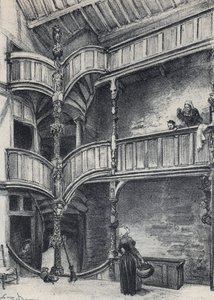 Interiér domu v Morlaix - Stará Francie - Bretaň - text, kresby a litografie, Albert Robida (1848-1926) nedatováno konec 19. století od Albert Robida