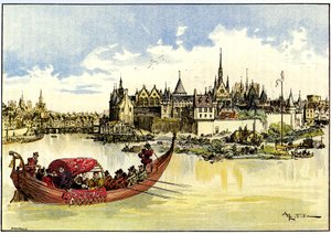 Král Jindřich III. na lodi při pokládání prvního kamene mostu Pont Neuf přes Seinu v Paříži, 31. května. od Albert Robida